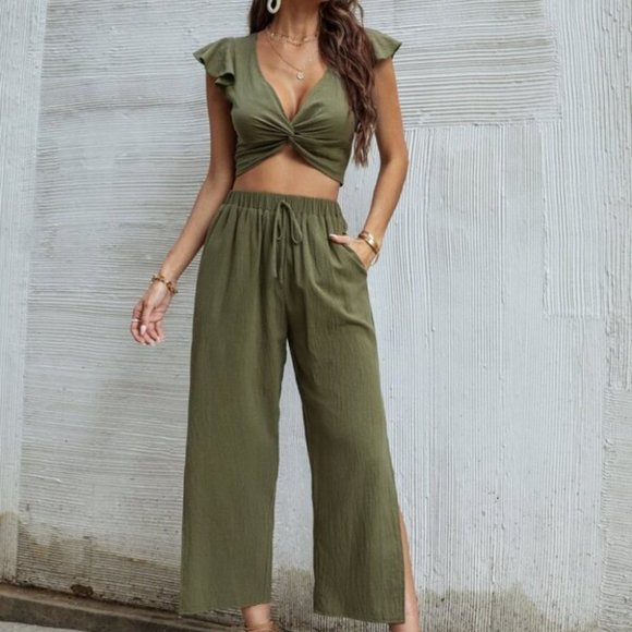 OLIVE Ruffle Trim Twist Top With Pants - Picture 9 of 12